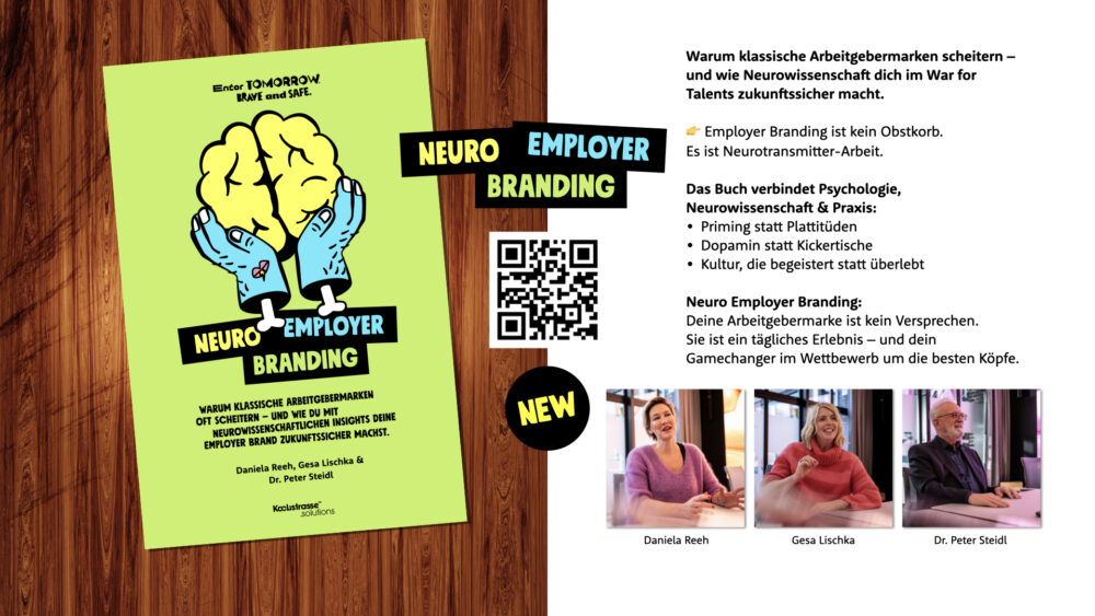 Neuro Employer Branding – Warum klassische Arbeitgebermarken oft scheitern – und wie du mit neurowissenschaftlichen Insights deine Employer Brand zukunftssicher machst. Enter tomorrow. Brave and safe. Kochstrasse™ Daniela Reeh, Gesa Lischka, Dr. Peter Steidl Das Fachbuch für Hirn & Herz im War for Talents Vergiss Benefits-Bingo und Buzzword-Bullshit: Employer Branding ist kein Obstkorb, sondern Neurotransmitter-Arbeit. Dieses Buch zeigt dir, wie du mit neurowissenschaftlichen Insights deine Arbeitgebermarke zukunftssicher machst – tief im Gehirn der Menschen, die du gewinnen und halten willst. „Eine starke Employer Brand entsteht nicht im Marketing – sie entsteht im Gehirn der Menschen, die mit dir arbeiten wollen.“ so Daniela Reeh. Die Autor:innen Daniela Reeh, Gesa Lischka und Dr. Peter Steidl verbinden Psychologie, Neurowissenschaft und Praxis zu einem Werkzeugkasten, der Klarheit schafft, wo andere nur Kampagnen verkaufen. Du erfährst, wie Priming wirkt, warum Dopamin wichtiger ist als Kickertische und wie du Kultur baust, die nicht nur überlebt, sondern begeistert. Neuro Employer Branding ist kein Trend. Es ist Thought-Leadership für alle, die mehr wollen als Recruiting. Wer dieses Buch liest, versteht: Eine Arbeitgebermarke ist kein Versprechen. Sie ist ein tägliches Erlebnis – und der Gamechanger im Wettbewerb um die besten Köpfe. About »Enter Tomorrow!« Serie Wir leben in einer disruptiven Welt und eine Schlüsselkompetenz zum Überleben ist die Bereitschaft und Fähigkeit, auf ständige Veränderungen und Herausforderungen zu reagieren. Wir können uns nicht länger auf etablierte Praktiken und Prozesse der Vergangenheit verlassen. Dies ist eine neue Ära und zur Sicherung unseres Erfolges bedarf es neuer Strategien und Ansätze. Die Zukunft ist ungewiss, aber die massiven Änderungen bieten beispiellose Chancen für Vermarkter, die neue strategische Richtungen einzuschlagen bereit sind. Unsere „Enter Tomorrow!“-Serie widmet sich der Erkundung neuer Strategien für Unternehmen und Marken, die diese Chancen nutzen wollen. About Kochstrasse.agency Kochstrasse™ ist eine unabhängige Kreativ- und Neurostrategie-Agentur mit Sitz in Hannover, die international mit Kunden von den USA bis Neuseeland zusammenarbeitet. Unsere Neuromarketing-Expertise verleiht all unseren Arbeiten zusätzliche Schlagkraft, von der Geschäfts- und Markenstrategie bis hin zur kreativen Entwicklung und Umsetzung. Jede unserer Kernkompetenzen wird durch einzelne Geschäftsführer:innen geleitet, was die Integration und ein agiles, innovationsförderndes Umfeld gewährleistet. Unsere Arbeit wurde mit zahlreichen Kreativpreisen sowie unter anderem mit dem GHP (Global Health & Pharma Magazine) „Global Excellence Award for Best Neuromarketing & Branding Agency 2025 – Europe“ ausgezeichnet.