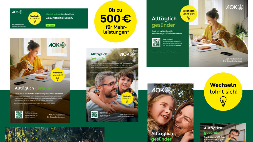Alltäglich gesünder Kanalübergreifende Wechselkampagne für die AOK Niedersachsen. Klar: Auf die eigene Gesundheit zu achten, ist überaus wichtig. Aber: Im Alltag stellt sich das – parallel zum Familien- und/oder Arbeitsalltag häufig gar nicht so leicht dar. Es sei denn, man hat einen Gesundheitspartner wie die AOK Niedersachsen an der Seite. Schließlich weiß die Gesundheitskasse AOK, wie herausfordernd ein gesundheitsorientierter Lebensstil zwischen Meeting und Elterntaxi, Videocall und Klassenkonferenz sein kann. Darum bietet die AOK allerlei Angebote und Services, die unkompliziert dabei helfen, alltäglich gesünder zu werden und zu bleiben: allen voran die starken Mehrleistungen, mit denen sich Gesundheitsvorsorge ganz individuell umsetzen lässt – eben so, wie sie zum eigenen Leben passt. Die Botschaft „Alltäglich gesünder“ haben wir im Rahmen der Kombi-Kampagne an Fremdversicherte Berufstätige und Familien in Niedersachsen ausgerollt, um diese von der AOK und einem Wechsel zur Gesundheitskasse zu überzeugen. In Phase 1 ging es uns darum, die Botschaft aufmerksamkeitsstark in Szene zu setzen und in die Köpfe der Zielgruppe zu bekommen. Anschließend haben wir in Phase 2 dieses gewonnene Interesse mit rationalen Argumenten unterfüttert. Zentrales Element dieser Lead- und Conversion-optimierten Kampagne waren die Zielgruppen-spezifischen Landingpages, die mit digitalen Infopaketen, bedarfsorientierten Argumentationsstrecken sowie je einem Gewinnspiel für Familien und Berufstätige aufgewertet wurden. Gefüttert wurden diese Landingpages zum Beispiel über Organic- und Paid-Content im Meta-Universum (Instagram und Facebook), TikTok-, Pinterest- und LinkedIn-Ads, Werbeanzeigen auf YouTube, Amazon Prime, Sky sowie Spotify. Zusätzlich wurden Native Ads über verschiedene Werbenetzwerke distribuiert, darunter auch auf der Online-Arztterminbuchungs-Plattform Doctolib – eine Premiere für die AOK Niedersachsen. Ergänzend dazu wurde auch „analog“ um das Interesse der Zielgruppen beworben: beispielsweise über entsprechende Werbematerialien in den Servicezentren der AOK Niedersachsen, Out-of-home-Maßnahmen, Radiospots und viele weitere.