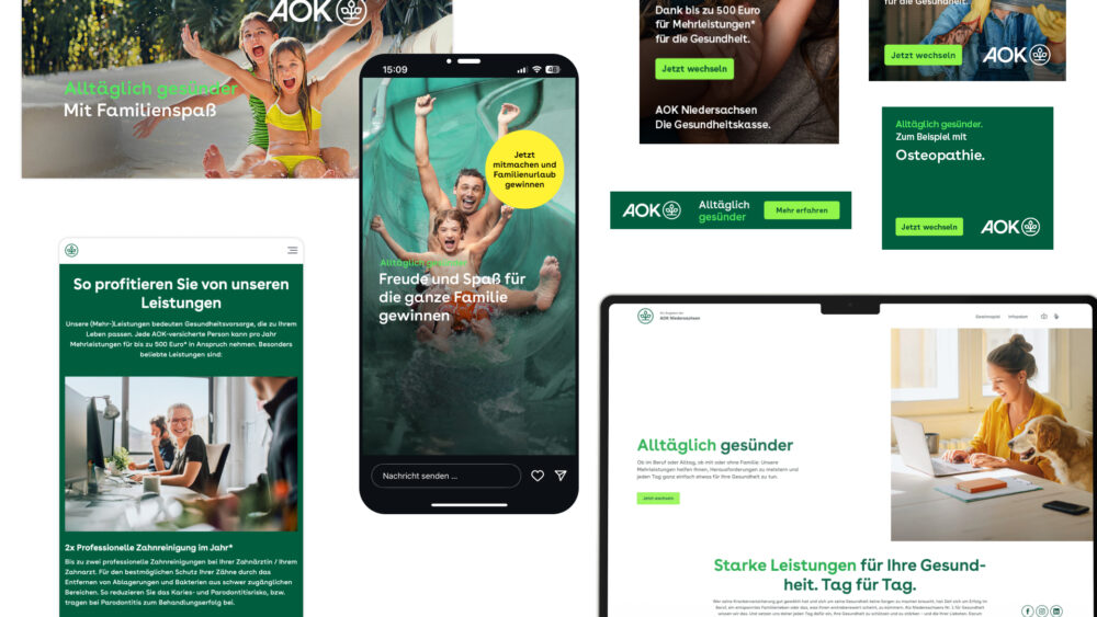 Alltäglich gesünder Kanalübergreifende Wechselkampagne für die AOK Niedersachsen. Klar: Auf die eigene Gesundheit zu achten, ist überaus wichtig. Aber: Im Alltag stellt sich das – parallel zum Familien- und/oder Arbeitsalltag häufig gar nicht so leicht dar. Es sei denn, man hat einen Gesundheitspartner wie die AOK Niedersachsen an der Seite. Schließlich weiß die Gesundheitskasse AOK, wie herausfordernd ein gesundheitsorientierter Lebensstil zwischen Meeting und Elterntaxi, Videocall und Klassenkonferenz sein kann. Darum bietet die AOK allerlei Angebote und Services, die unkompliziert dabei helfen, alltäglich gesünder zu werden und zu bleiben: allen voran die starken Mehrleistungen, mit denen sich Gesundheitsvorsorge ganz individuell umsetzen lässt – eben so, wie sie zum eigenen Leben passt. Die Botschaft „Alltäglich gesünder“ haben wir im Rahmen der Kombi-Kampagne an Fremdversicherte Berufstätige und Familien in Niedersachsen ausgerollt, um diese von der AOK und einem Wechsel zur Gesundheitskasse zu überzeugen. In Phase 1 ging es uns darum, die Botschaft aufmerksamkeitsstark in Szene zu setzen und in die Köpfe der Zielgruppe zu bekommen. Anschließend haben wir in Phase 2 dieses gewonnene Interesse mit rationalen Argumenten unterfüttert. Zentrales Element dieser Lead- und Conversion-optimierten Kampagne waren die Zielgruppen-spezifischen Landingpages, die mit digitalen Infopaketen, bedarfsorientierten Argumentationsstrecken sowie je einem Gewinnspiel für Familien und Berufstätige aufgewertet wurden. Gefüttert wurden diese Landingpages zum Beispiel über Organic- und Paid-Content im Meta-Universum (Instagram und Facebook), TikTok-, Pinterest- und LinkedIn-Ads, Werbeanzeigen auf YouTube, Amazon Prime, Sky sowie Spotify. Zusätzlich wurden Native Ads über verschiedene Werbenetzwerke distribuiert, darunter auch auf der Online-Arztterminbuchungs-Plattform Doctolib – eine Premiere für die AOK Niedersachsen. Ergänzend dazu wurde auch „analog“ um das Interesse der Zielgruppen beworben: beispielsweise über entsprechende Werbematerialien in den Servicezentren der AOK Niedersachsen, Out-of-home-Maßnahmen, Radiospots und viele weitere.