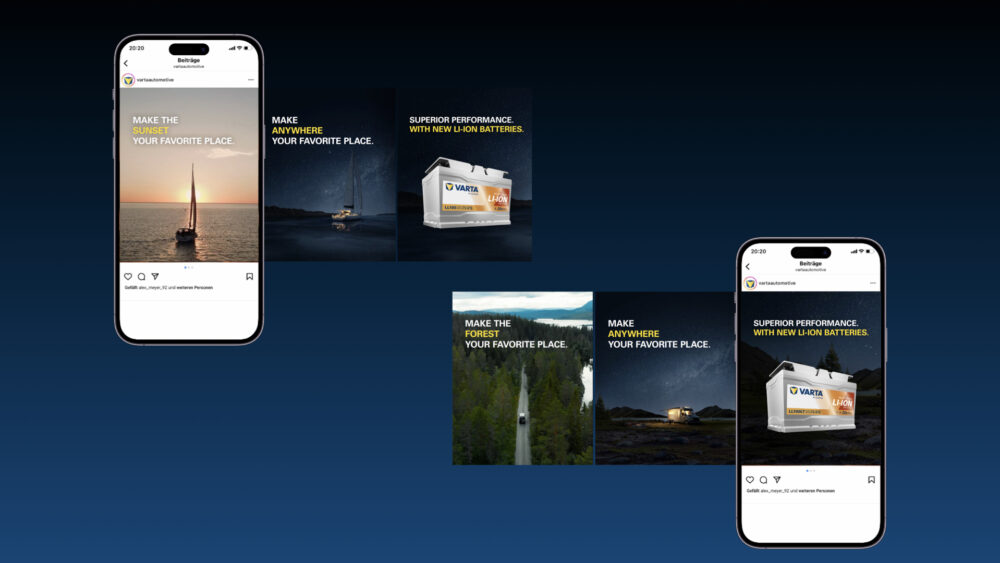 VARTA® Li-Ion: Make Anywhere Your Favorite Place.  Ein Kampagnenlaunch, der elektrisiert – von der ersten Idee bis zum internationalen Rollout. Mit der neuen Lithium-Ionen-Batterie bringt VARTA® Energie dorthin, wo die besten Abenteuer beginnen: in Camper, Wohnmobile und Boote. Wenn smarte Technik auf grenzenlose Freiheit trifft, entstehen Erlebnisse, die verbinden – und ein Leben lang in Erinnerung bleiben. Die zentrale Leitidee „Make Anywhere Your Favorite Place.“ transportiert genau dieses Lebensgefühl: unabhängig sein, unterwegs leben, Lieblingsorte entdecken. Ziel war es, die Batterie nicht nur als Lösung zu kommunizieren, sondern als Lebensgefühl – für alle, die unterwegs zuhause sind. Und das länderübergreifend in DACH, Frankreich, Benelux und den Nordics. Mit einer Kampagne, die technologische Stärke mit der Sehnsucht nach Freiheit verbindet – und dabei sowohl B2C als auch B2B erreicht. Gemeinsam mit dem Kunden haben wir Insights geschärft, Zielgruppenbedürfnisse definiert und eine Kampagne entwickelt, die in Bildsprache, Tonalität und Dramaturgie genau dort ansetzt, wo Emotion und Technik sich treffen. Die Kampagne besticht durch konsequent gestaltete Touchpoints und emotional aufgeladene Assets. In mehreren europäischen Märkten ausgerollt, sorgte sie für hohe Sichtbarkeit, eine klare Botschaft und starke Markenwirkung. Ob im Handel, in Social Media oder am Point of Sale: Die neue VARTA Li-Ion wurde als echte Innovation wahrgenommen – technisch überzeugend, emotional inszeniert und passgenau auf die Zielgruppen ausgerichtet. Der Launch markierte einen wichtigen Meilenstein für VARTA® im internationalen Freizeitsegment – und einen Schritt hin zur emotional aufgeladenen Marke. Dieses Projekt zeigt, was entsteht, wenn Strategie, Kreativität und starke Zusammenarbeit aufeinandertreffen: eine internationale Kampagne mit Haltung, Herz und Handwerk – für ein Produkt, das Energie neu definiert. Danke, Clarios. Für die Freiheit. Und für die Energie.