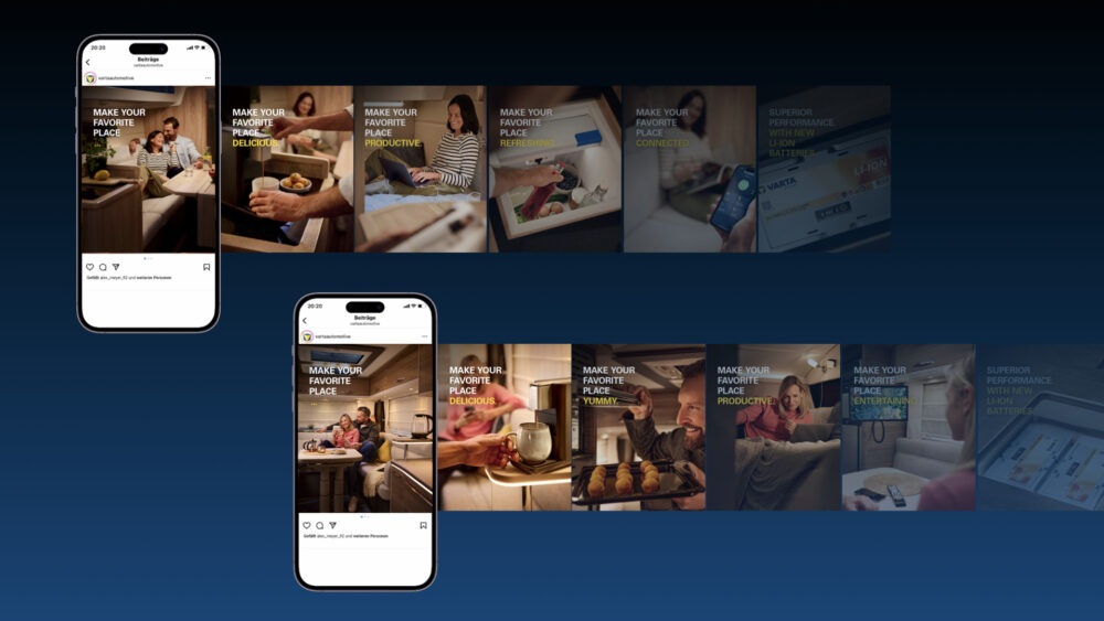 VARTA® Li-Ion: Make Anywhere Your Favorite Place.  Ein Kampagnenlaunch, der elektrisiert – von der ersten Idee bis zum internationalen Rollout. Mit der neuen Lithium-Ionen-Batterie bringt VARTA® Energie dorthin, wo die besten Abenteuer beginnen: in Camper, Wohnmobile und Boote. Wenn smarte Technik auf grenzenlose Freiheit trifft, entstehen Erlebnisse, die verbinden – und ein Leben lang in Erinnerung bleiben. Die zentrale Leitidee „Make Anywhere Your Favorite Place.“ transportiert genau dieses Lebensgefühl: unabhängig sein, unterwegs leben, Lieblingsorte entdecken. Ziel war es, die Batterie nicht nur als Lösung zu kommunizieren, sondern als Lebensgefühl – für alle, die unterwegs zuhause sind. Und das länderübergreifend in DACH, Frankreich, Benelux und den Nordics. Mit einer Kampagne, die technologische Stärke mit der Sehnsucht nach Freiheit verbindet – und dabei sowohl B2C als auch B2B erreicht. Gemeinsam mit dem Kunden haben wir Insights geschärft, Zielgruppenbedürfnisse definiert und eine Kampagne entwickelt, die in Bildsprache, Tonalität und Dramaturgie genau dort ansetzt, wo Emotion und Technik sich treffen. Die Kampagne besticht durch konsequent gestaltete Touchpoints und emotional aufgeladene Assets. In mehreren europäischen Märkten ausgerollt, sorgte sie für hohe Sichtbarkeit, eine klare Botschaft und starke Markenwirkung. Ob im Handel, in Social Media oder am Point of Sale: Die neue VARTA Li-Ion wurde als echte Innovation wahrgenommen – technisch überzeugend, emotional inszeniert und passgenau auf die Zielgruppen ausgerichtet. Der Launch markierte einen wichtigen Meilenstein für VARTA® im internationalen Freizeitsegment – und einen Schritt hin zur emotional aufgeladenen Marke. Dieses Projekt zeigt, was entsteht, wenn Strategie, Kreativität und starke Zusammenarbeit aufeinandertreffen: eine internationale Kampagne mit Haltung, Herz und Handwerk – für ein Produkt, das Energie neu definiert. Danke, Clarios. Für die Freiheit. Und für die Energie.