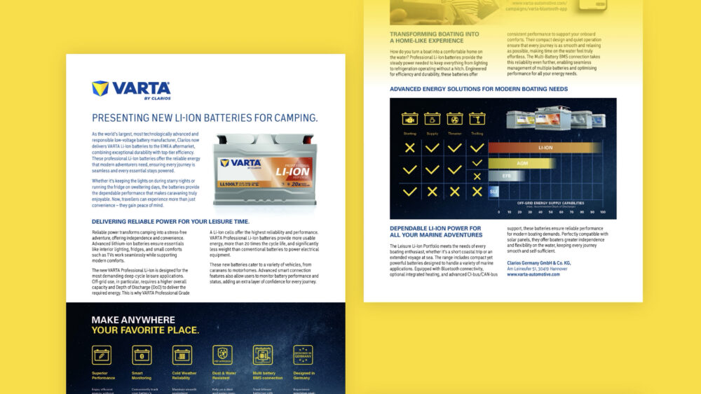 VARTA® Li-Ion: Make Anywhere Your Favorite Place.  Ein Kampagnenlaunch, der elektrisiert – von der ersten Idee bis zum internationalen Rollout. Mit der neuen Lithium-Ionen-Batterie bringt VARTA® Energie dorthin, wo die besten Abenteuer beginnen: in Camper, Wohnmobile und Boote. Wenn smarte Technik auf grenzenlose Freiheit trifft, entstehen Erlebnisse, die verbinden – und ein Leben lang in Erinnerung bleiben. Die zentrale Leitidee „Make Anywhere Your Favorite Place.“ transportiert genau dieses Lebensgefühl: unabhängig sein, unterwegs leben, Lieblingsorte entdecken. Ziel war es, die Batterie nicht nur als Lösung zu kommunizieren, sondern als Lebensgefühl – für alle, die unterwegs zuhause sind. Und das länderübergreifend in DACH, Frankreich, Benelux und den Nordics. Mit einer Kampagne, die technologische Stärke mit der Sehnsucht nach Freiheit verbindet – und dabei sowohl B2C als auch B2B erreicht. Gemeinsam mit dem Kunden haben wir Insights geschärft, Zielgruppenbedürfnisse definiert und eine Kampagne entwickelt, die in Bildsprache, Tonalität und Dramaturgie genau dort ansetzt, wo Emotion und Technik sich treffen. Die Kampagne besticht durch konsequent gestaltete Touchpoints und emotional aufgeladene Assets. In mehreren europäischen Märkten ausgerollt, sorgte sie für hohe Sichtbarkeit, eine klare Botschaft und starke Markenwirkung. Ob im Handel, in Social Media oder am Point of Sale: Die neue VARTA Li-Ion wurde als echte Innovation wahrgenommen – technisch überzeugend, emotional inszeniert und passgenau auf die Zielgruppen ausgerichtet. Der Launch markierte einen wichtigen Meilenstein für VARTA® im internationalen Freizeitsegment – und einen Schritt hin zur emotional aufgeladenen Marke. Dieses Projekt zeigt, was entsteht, wenn Strategie, Kreativität und starke Zusammenarbeit aufeinandertreffen: eine internationale Kampagne mit Haltung, Herz und Handwerk – für ein Produkt, das Energie neu definiert. Danke, Clarios. Für die Freiheit. Und für die Energie.