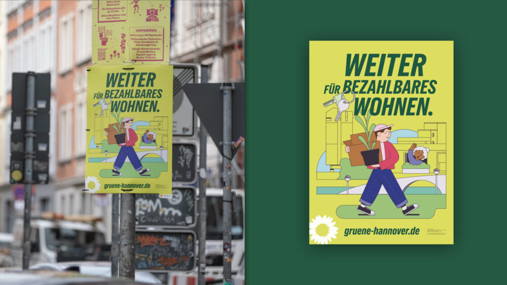 Kochstrasse.agency for BÜNDNIS 90/DIE GRÜNEN – Weiter. Was bewegen. Für Hannover. Zwei Aufgaben. Eine gemeinsame Bewegung für den Kommunalwahlkampf 2026 in Hannover. Zwei Aufgaben, zehn Motive, eine gemeinsame Bewegung: Für Oberbürgermeister Belit Onay und die Grünen Hannover haben wir ein Kampagnensystem entwickelt, das den amtierenden OB-Kandidaten und die grüne Partei zur Kommunalwahl 2026 sichtbar miteinander verbindet. Der Leitgedanke »Weiter« übersetzt Kontinuität und Fortschritt in eine klare Kandidatenmarke. Die gemeinsam mit Fotograf Sascha Wolters (https://saschawolters.de/) entwickelte Bildwelt zeigt Belit Onay als amtierenden Oberbürgermeister in Bewegung – im Dialog, im Tun, im Austausch. Lime als Signature-Farbe, dynamische Typografie und Illustrationen verlängern die Kampagne über Social Media, Sticker und Merch bis auf die Straße. So entstand ein Wahlkampf mit Haltung: progressiv genug, um aufzufallen, und breit genug, um Hannover mitzunehmen. So wurde aus »Weiter« mehr als ein Claim: eine gemeinsame Bewegung für Hannover.